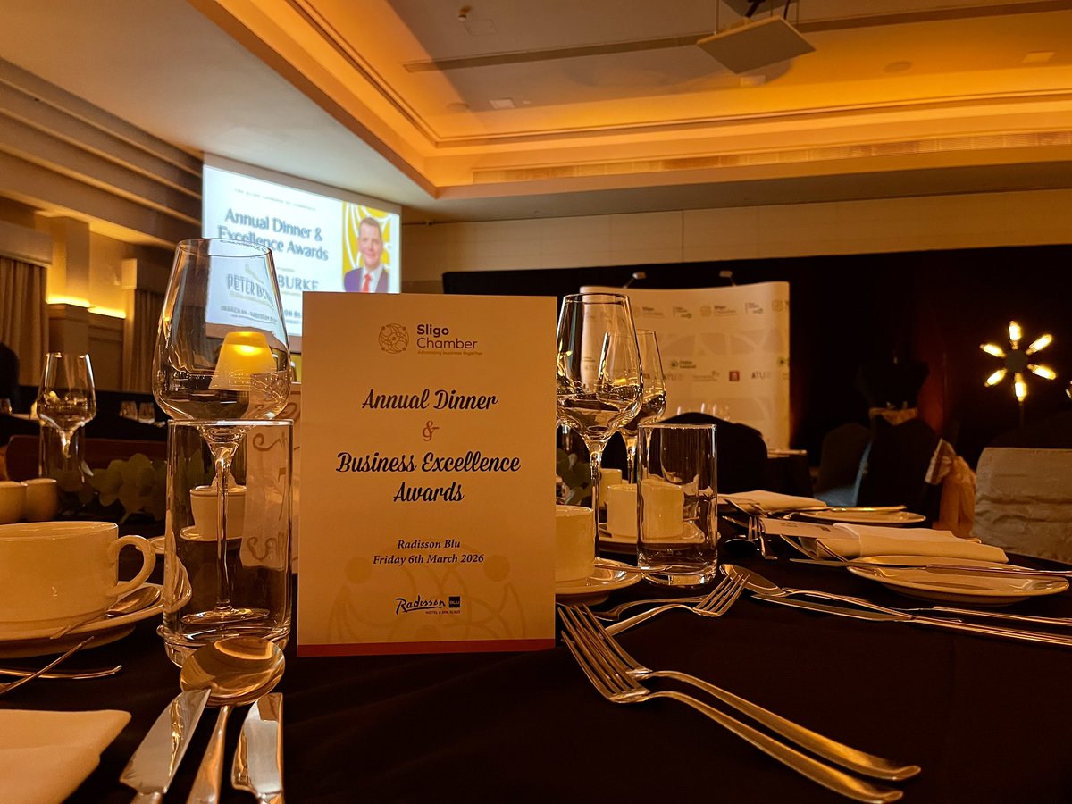 SligoChamber's tweet photo. We are all set for this evening’s 2026 Business Excellence Awards dinner here at the Radisson Blu Hotel in Rosses Point where we celebrate the outstanding business achievements throughout the Sligo region. 

#BusinessAwards #SligoChamber #Sligo https://t.co/4A4lafO66k