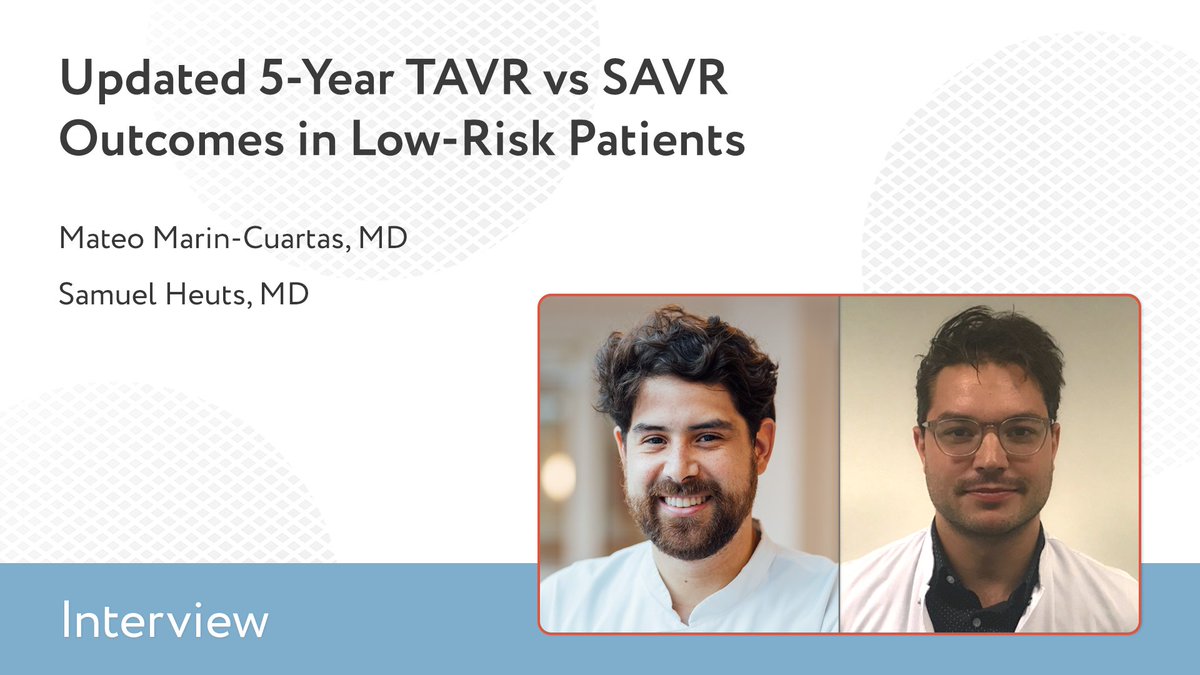 ctsnetorg's tweet photo. Watch this remarkable interview with CTSNet EIC @joeldunning and Drs. Mateo Marin-Cuartas and @HeutsSam about their paper on updated 5‑year outcomes of transcatheter vs surgical AVR in patients with severe aortic stenosis.

🔗https://t.co/f5E20uBARK

#interview #SAVR #TAVR https://t.co/K8XLEQeOfc
