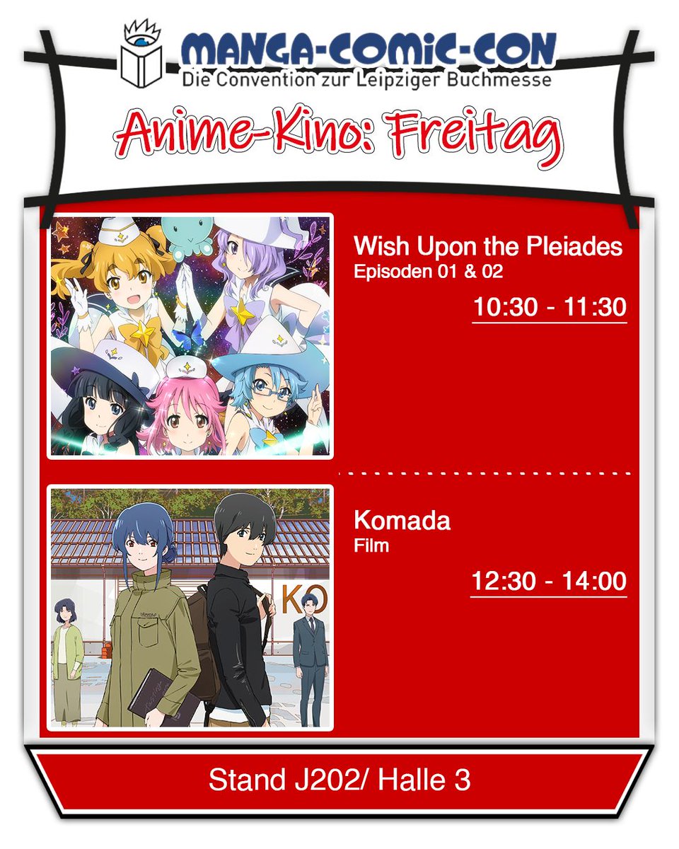 🎥 Anime-Kino am Freitag! 🎥

Auf der <a href="/mangacomiccon/">Manga-Comic-Con</a> geht unser Anime-Kino am Freitag direkt weiter! 👀

📺 Programm:

🕥 10:30–11:30 – Wish Upon the Pleiades Episode 1 &amp; 2
🕧 12:30–14:00 – Komada – A Whisky Family (Film)

Viel Spaß beim Schauen! 😊