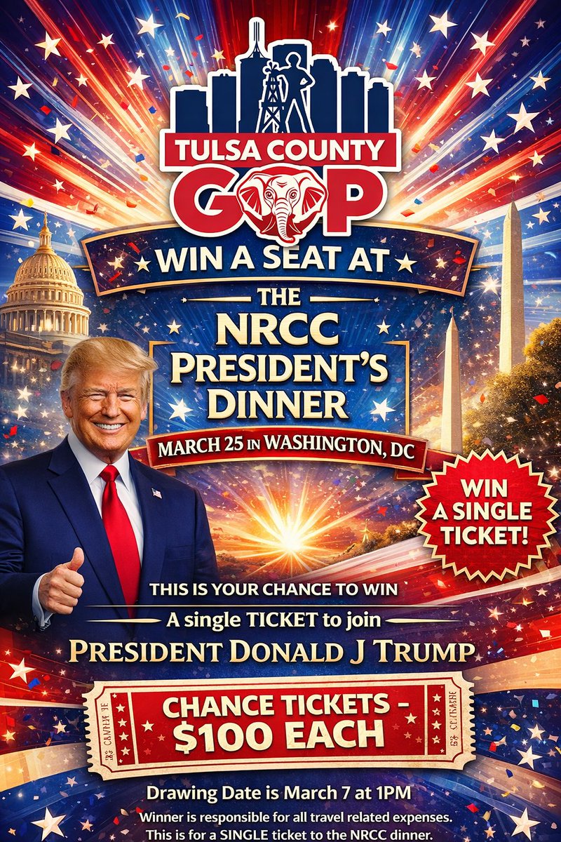 TulsaCountyGOP's tweet image. 🌟OPPORTUNITY is knocking! ❤️🤍💙
Imagine sitting down to an epic black-tie dinner with PRESIDENT DONALD J. TRUMP himself as the honoree &amp;amp; keynote speaker at the NRCC President's Dinner - March 25 - in Washington, DC !
Stars in the sky over our beautiful Capital, and the chance