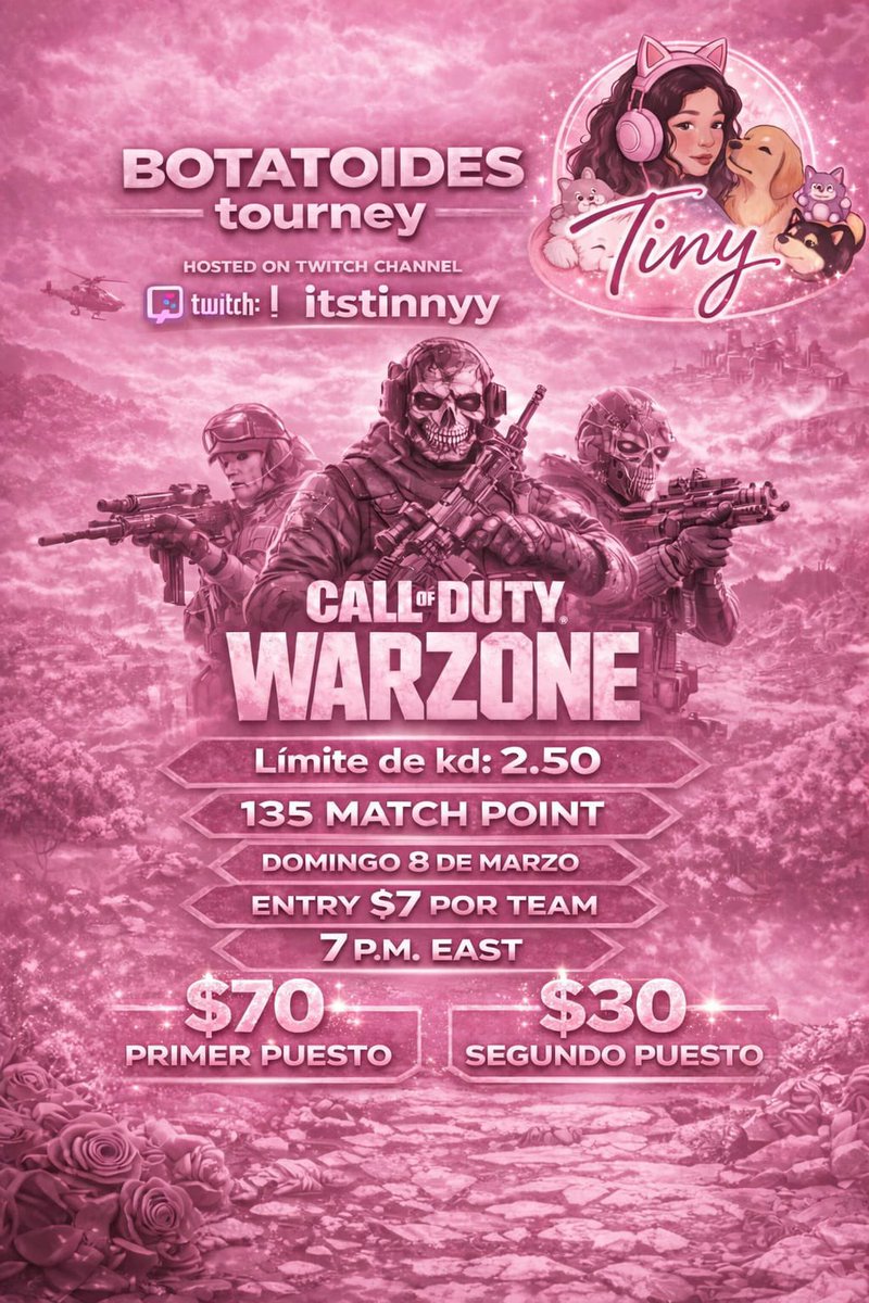 TORNEO NIÑAS Y NIÑOS, GENTE NOVICE, QUE  QUIERA EMPEZAR A COMPETIR 🌸💖

🗺️ HAVEN’S HOLLOW 
📆 Domingo 8 de Marzo 
🎟️ Entry: $7 USD x TEAM REGULAR 
🎟️ Entry: $5 USD X TEAM (NIÑAS) 💖
⌛️ 6 pm Mx / 7 pm east 
🎀135 MP 
🏆💵 $100 EN PREMIOS
+ 👑🎀 $20 A LA MINITA TOP FRAGGER