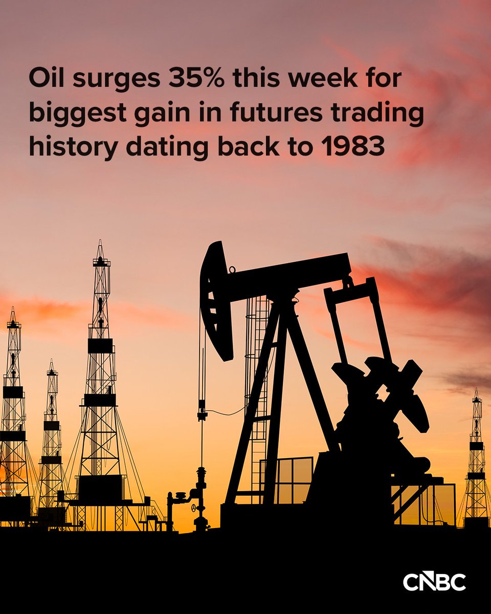 U.S. crude oil on Friday posted its biggest weekly gain in futures trading history, after President Donald Trump demanded unconditional surrender from Iran, raising fears of a prolonged war that will cause a cascading disruption to global oil supplies. cnb.cx/4lfR7Rg