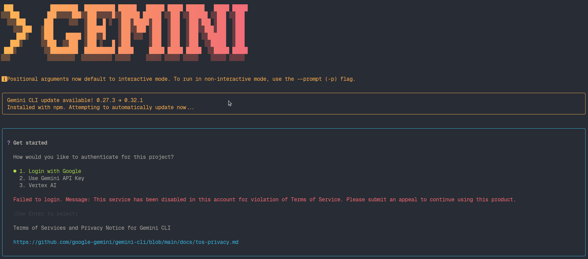 ok has anyone been randomly blocked by <a href="/GeminiApp/">Google Gemini</a> cli due to some violation of tos?

i just used it briefly yesterday (just asking it questions - no code writes even!), after switching over from <a href="/opencode/">OpenCode</a> and this is the first thing i see today morning