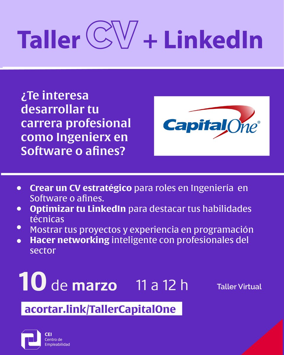 ¿Tu perfil está listo para el mundo tech? Aprende a:
✨ Crear un CV estratégico para roles en Software Engineering
✨ Optimizar tu LinkedIn para destacar tus habilidades técnicas
✨ Mostrar tus proyectos y experiencia en programación

🔗  acortar.link/TallerCapitalO…