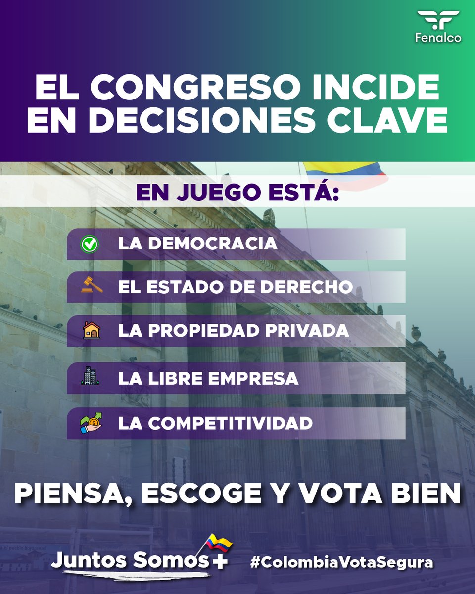 Las decisiones que se toman en el Congreso impactan directamente el rumbo del país y el entorno en el que operan los empresarios y trabajadores de Colombia.

🗳️Por eso, participar en las elecciones es también una forma de contribuir al fortalecimiento de la democracia, las