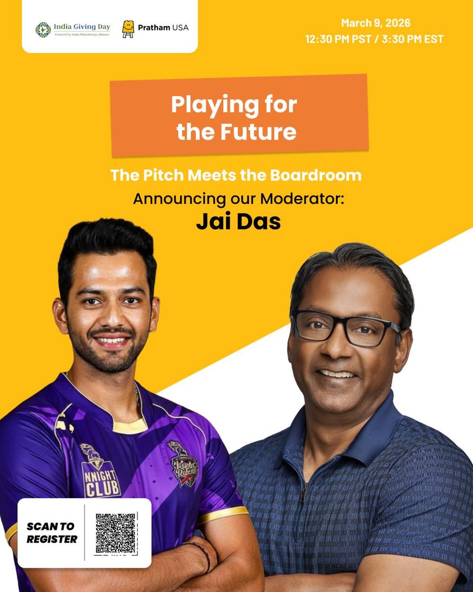 I'm excited to moderate a virtual fireside chat with <a href="/prathamusa/">Pratham USA</a>  featuring U19 World Cup–winning captain <a href="/UnmuktChand9/">Unmukt Chand</a> in honor of India Giving Day on Monday, 3/9 at 12:30 pm PT. 

We’ll discuss leadership, resilience, and how lessons from sports can help unlock opportunities
