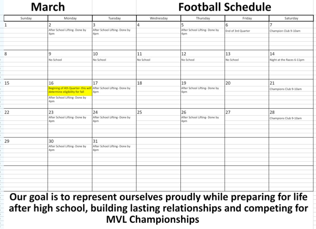 Coleman__Coach's tweet photo. March calendar highlights:
- After school lifting
- Champions Club
- Night at the Races
- Beginning of the 4th Quarter, which determines eligibility for fall https://t.co/N1fU85eRMK