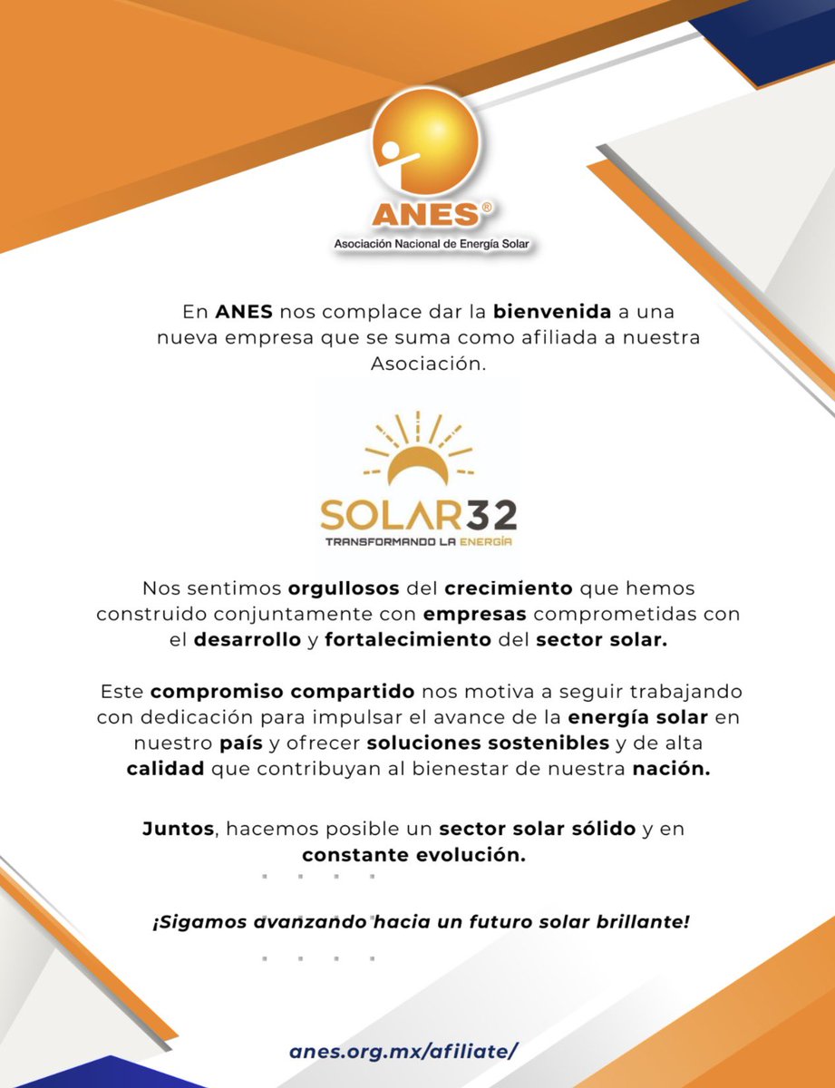anes_oficial's tweet photo. ☀️ Damos la bienvenida a SOLAR32 como nueva empresa afiliada a ANES.

Cada nueva afiliación representa confianza, colaboración y visión compartida para impulsar la energía solar en México. 🚀

Conoce más:
https://t.co/Es5YXyTGIV

#ANES #EnergíaSolar #SectorSolar https://t.co/uLyCnFjFln