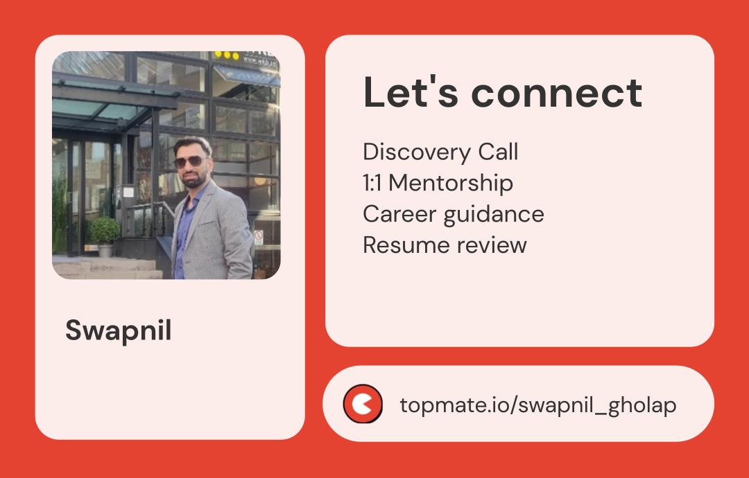 swapnil_ag's tweet photo. Hey folks!

I've been getting a lot of DMs for guidance, so decided to take action on it.

I'm excited to help folks out and give back to the community via Topmate. Don't hesitate to reach out if you have any questions or just want to say hi!

https://t.co/YR88tzIFM4 https://t.co/5VAkbg3Y1X