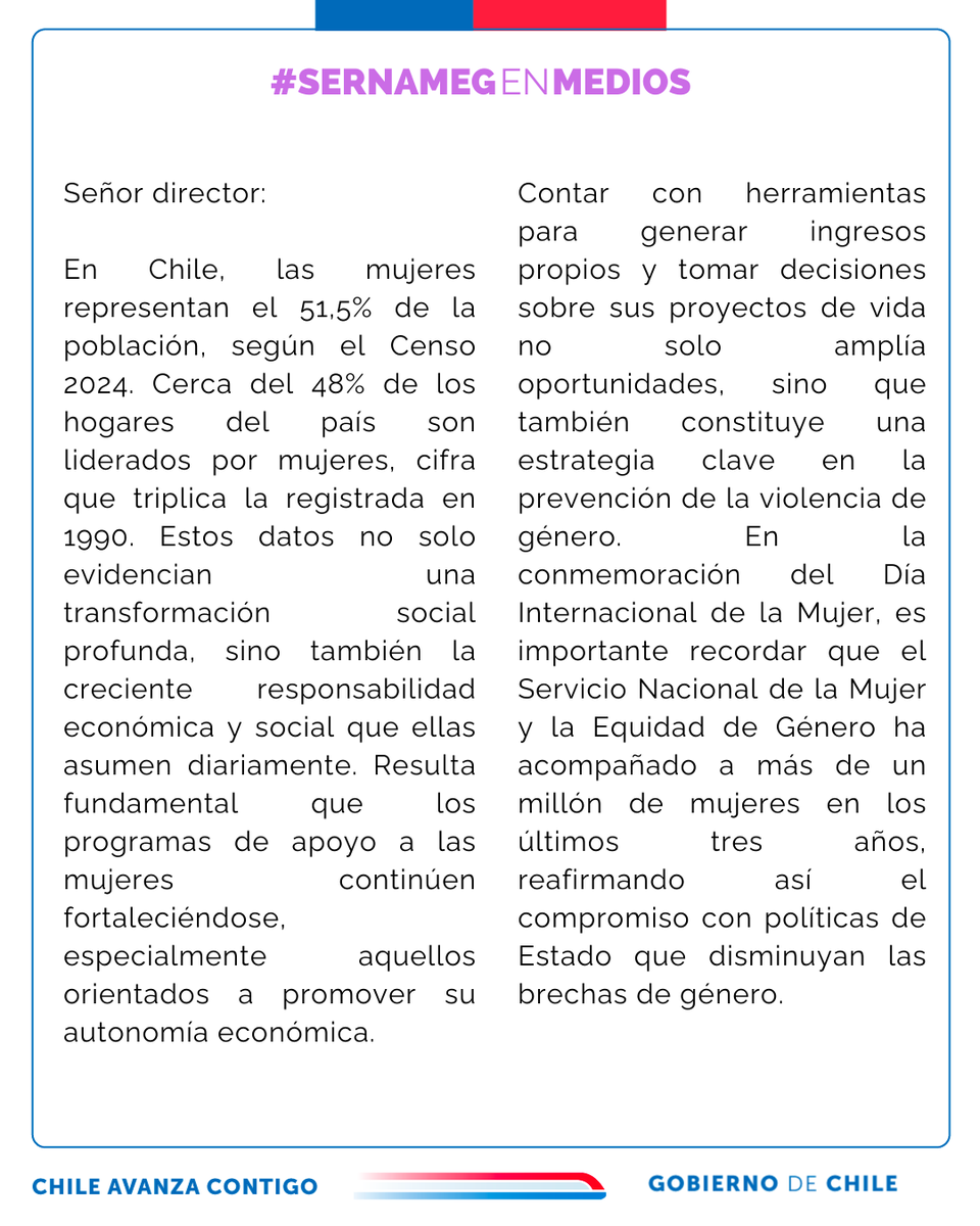 SernamEGChile's tweet photo. #SernamEGEnMedios

“Contar con herramientas para generar ingresos propios y tomar decisiones sobre sus proyectos de vida constituye una estrategia en la prevención de la violencia de género” señala directora nacional Priscilla Carrasco en su carta al director en la @uchileradio https://t.co/8yg4XkwGwg