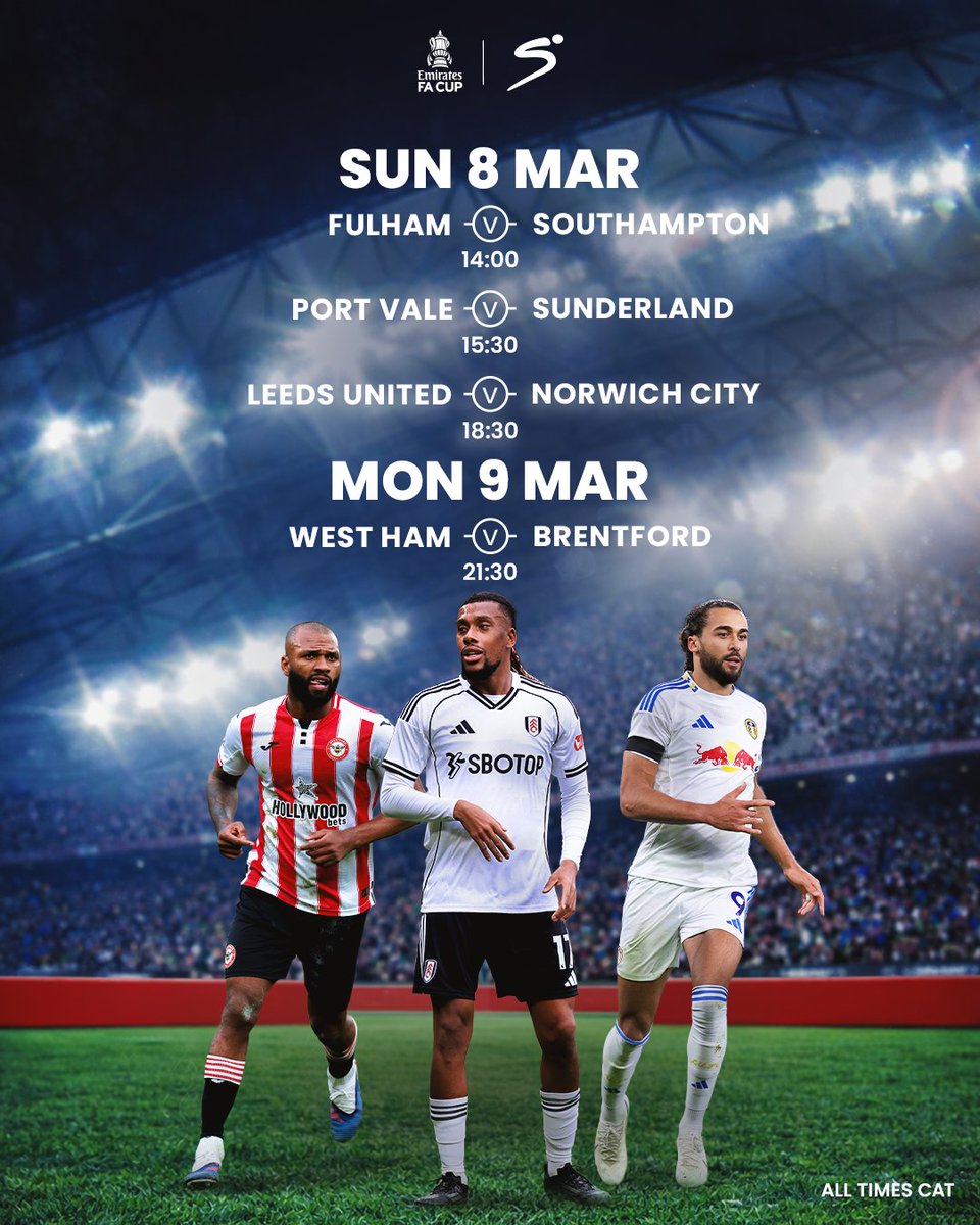 SSFootball's tweet photo. A spot in the #EmiratesFACup last eight is up for grabs on Sunday ๐๐ฟ
Don't forget Brentford's trip to the London Stadium on Monday ๐ฅ
#SSFootball | #SSFACup https://t.co/mn5rDH80yX