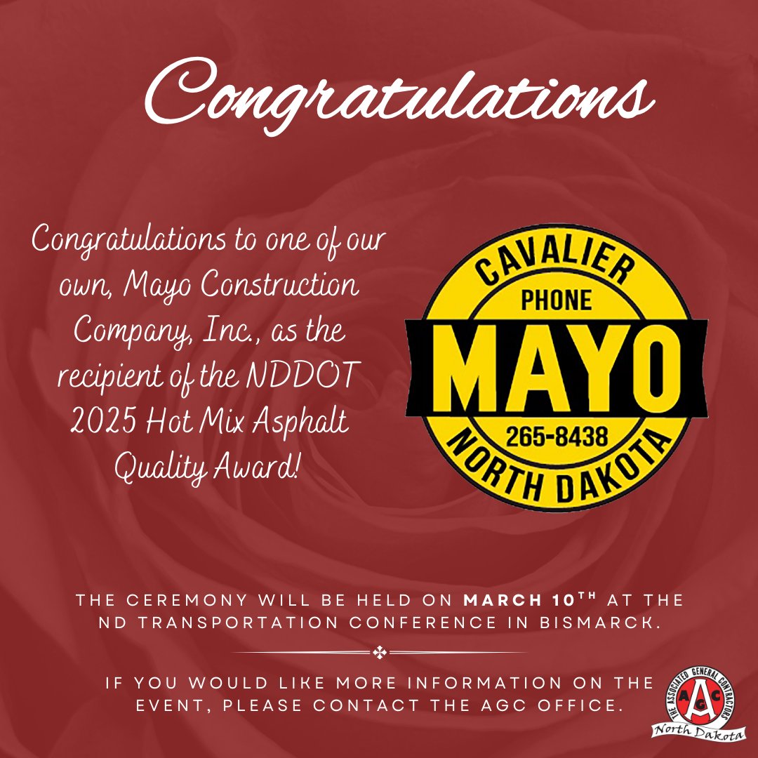 Congrats to Mayo Construction,  the recipient of the NDDOT 2025 Hot Mix Asphalt Quality Award. The award recognizes the top asphalt paving project of the 2025 construction season which has been built with outstanding care &amp; exceptional quality regarding ride smoothness &amp; density.