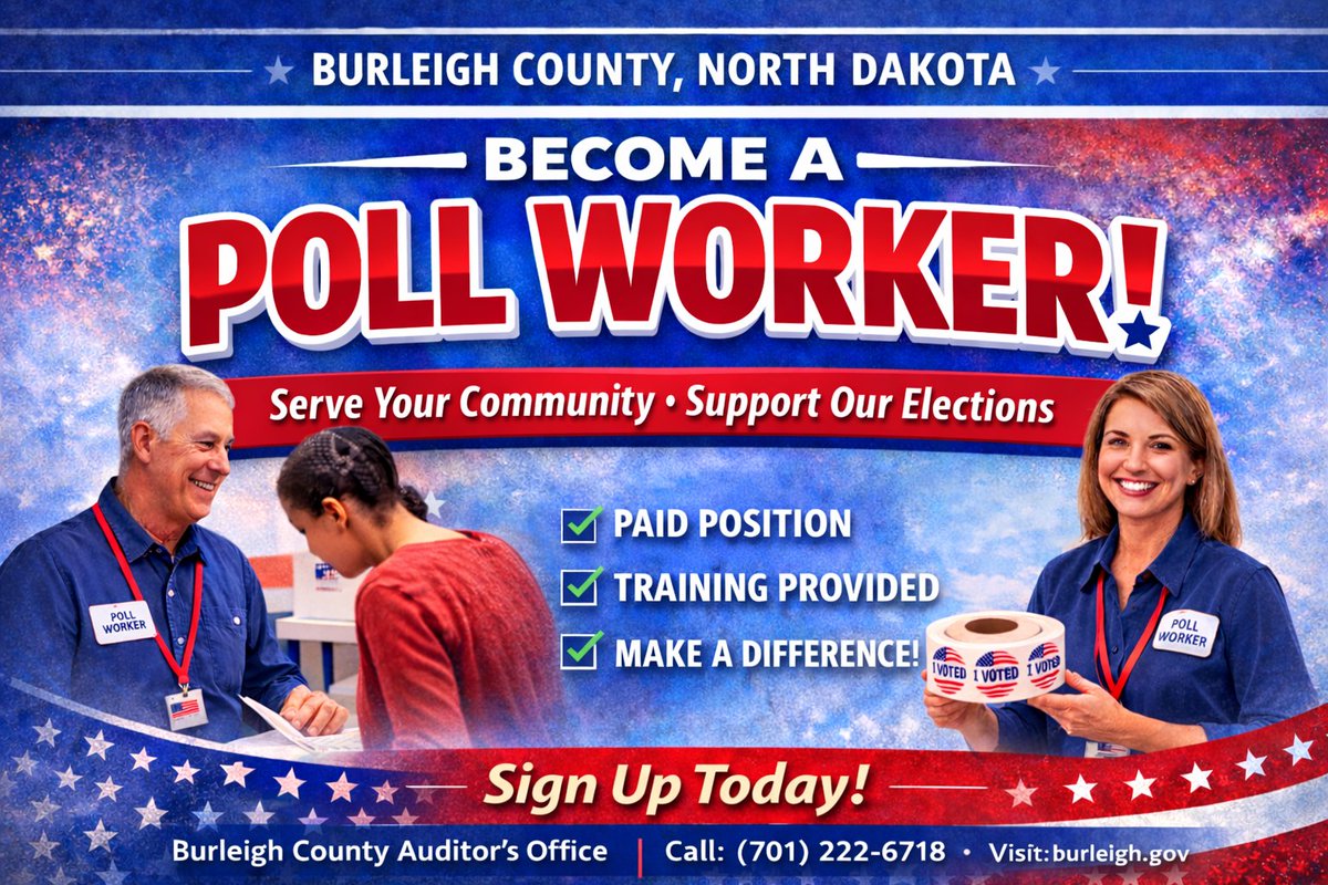 GGet Involved -- Help Your Community -- AND Get Paid!
Burleigh County needs Poll Workers
burleigh.gov/elections/be-a…

#BurleighCo #Elections #PollWorker