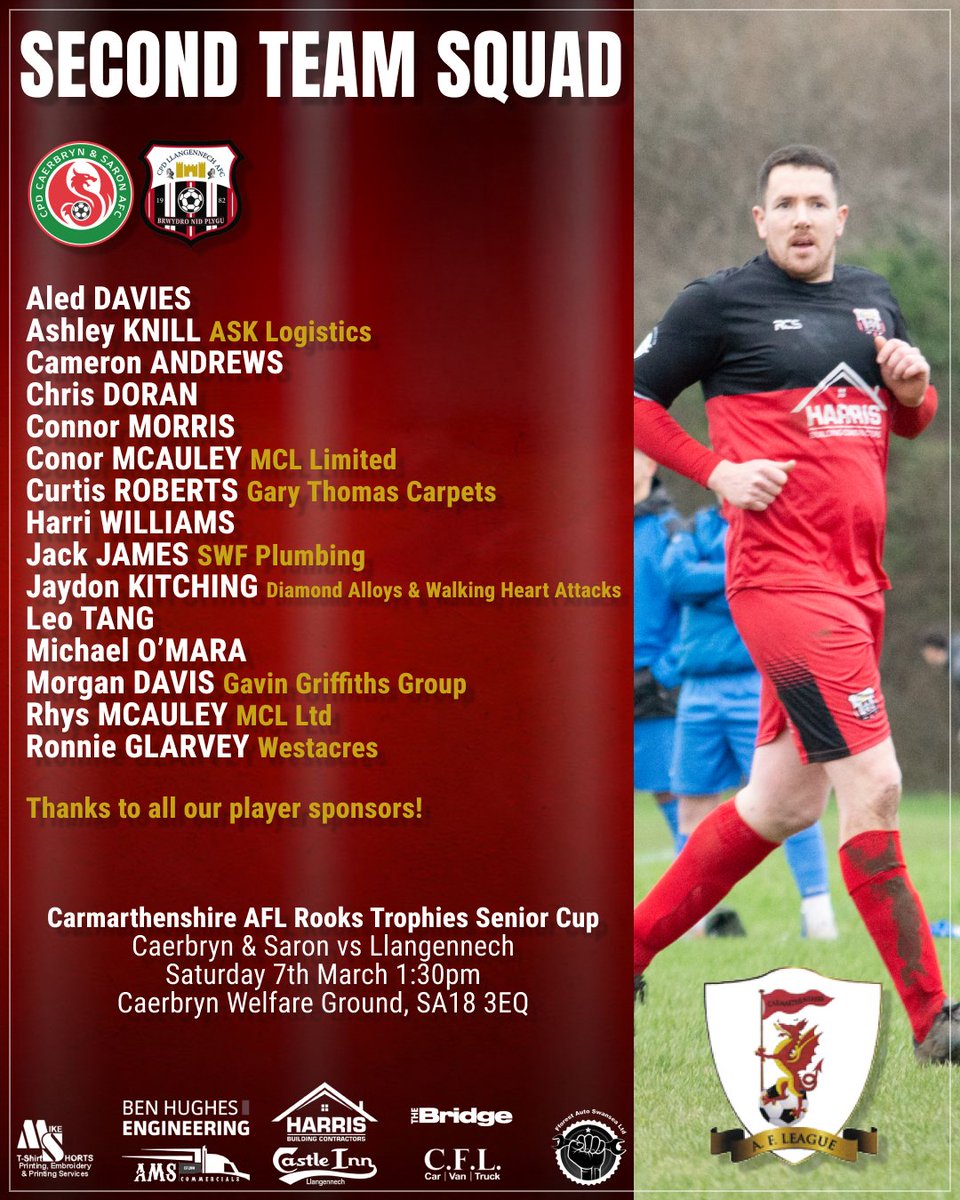 llangennechafc's tweet photo. All four squads in action this weekend 🔴⚫

1sts host Pontarddulais Town (2:30)
2nds away to Caerbryn &amp; Saron (1:30)
3rds vs Camford Sports at Elba (2:30)
Youth vs Ynystawe Athletic Sunday (2:00)
Thanks to our player sponsors 👏
#FightNotFold #BrwydroNidPlygu https://t.co/YFnSqtnKDs