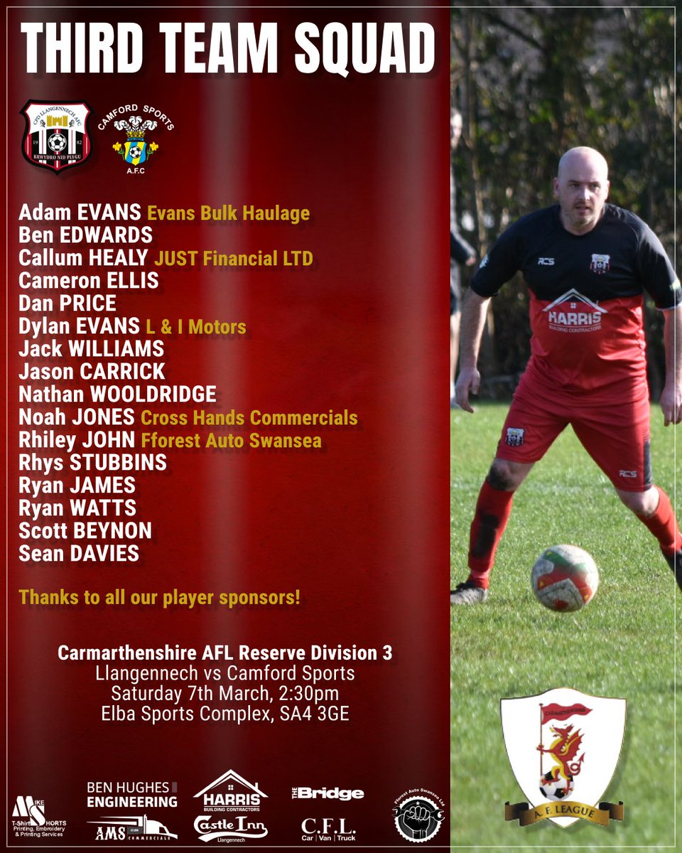 llangennechafc's tweet photo. All four squads in action this weekend 🔴⚫

1sts host Pontarddulais Town (2:30)
2nds away to Caerbryn &amp; Saron (1:30)
3rds vs Camford Sports at Elba (2:30)
Youth vs Ynystawe Athletic Sunday (2:00)
Thanks to our player sponsors 👏
#FightNotFold #BrwydroNidPlygu https://t.co/YFnSqtnKDs