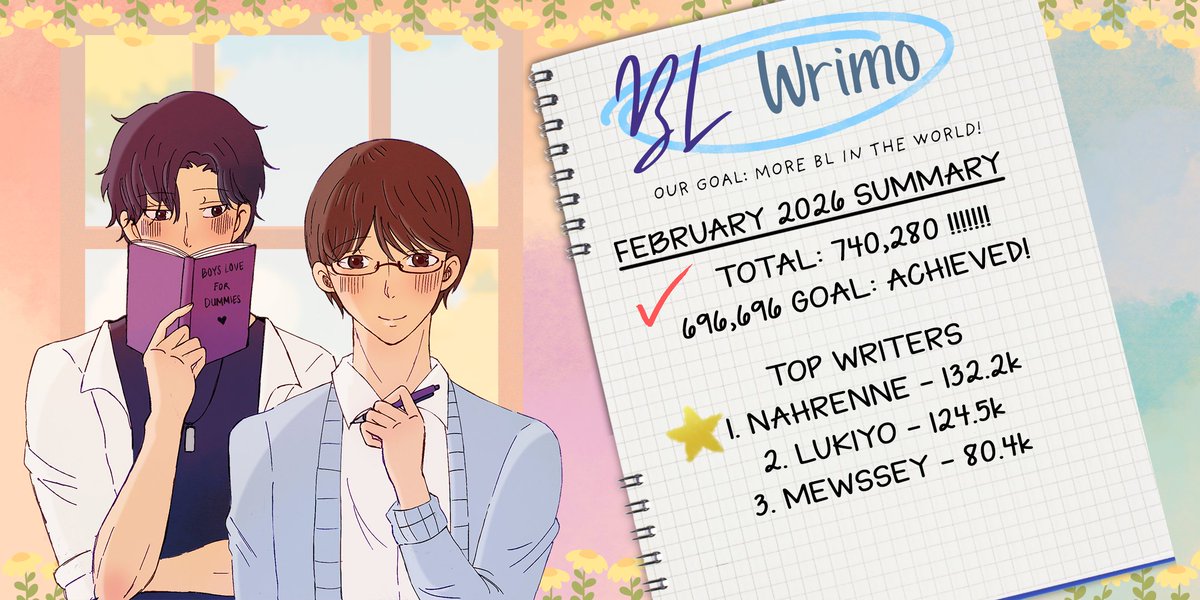 We did it!! We achieved our February BLWRIMO goal!!!!!!!!! 😍😍 

Thank you to all the writers who wrote BL in February 2026!!!!
