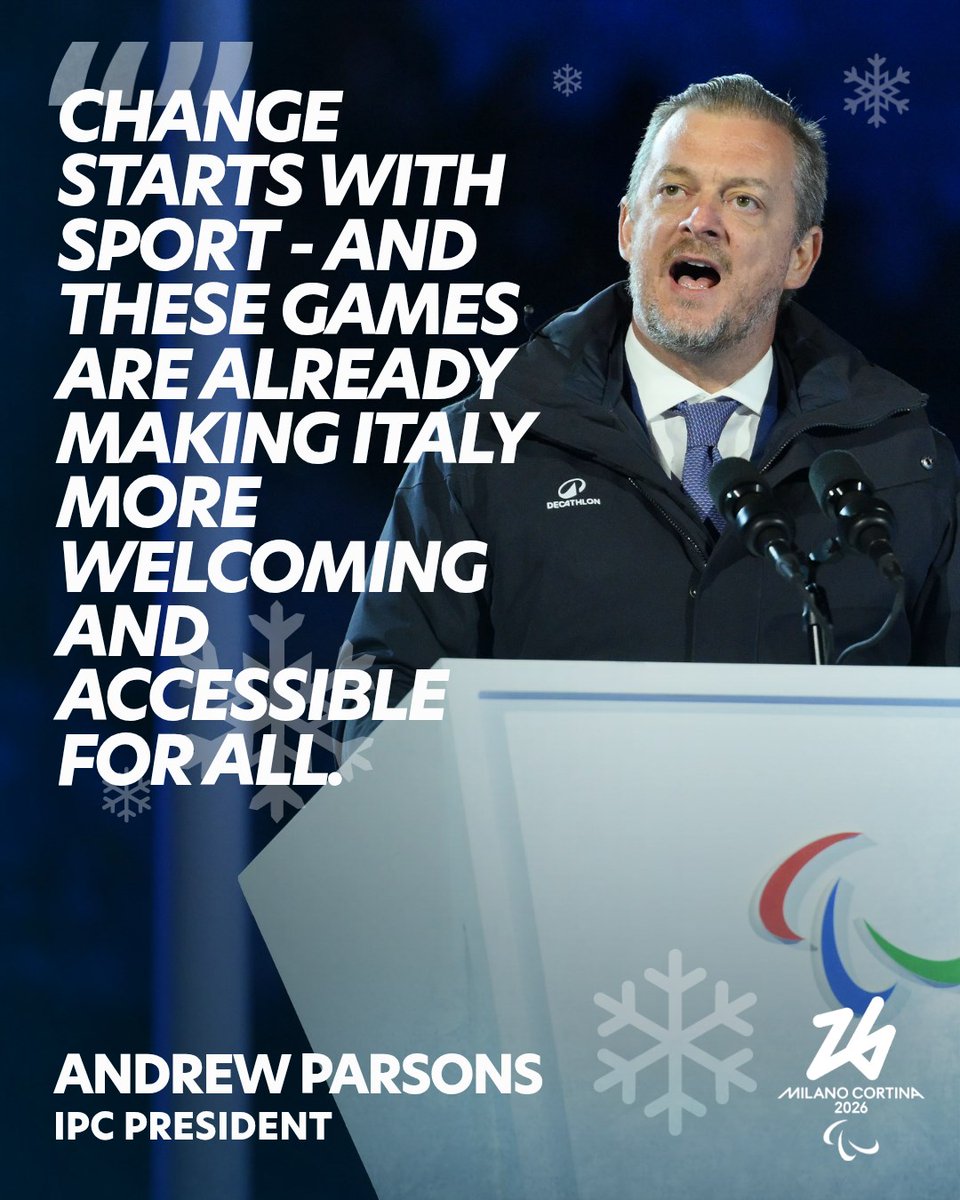 Paralympics's tweet photo. 🗣️ International Paralympic Committee President Andrew Parsons' speech at the #MilanoCortina2026 Paralympic Winter Games Opening Ceremony ❄️
🔗 Full speech: https://t.co/IjVhI1CX0p
#Paralympics https://t.co/qxJqKf0fmV
