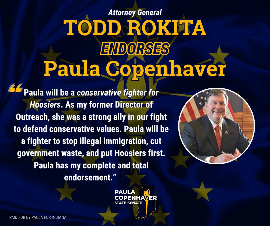I’m honored to earn the endorsement of Attorney General Todd Rokita. Together we’ll keep fighting to defend conservative values and put Hoosiers first.