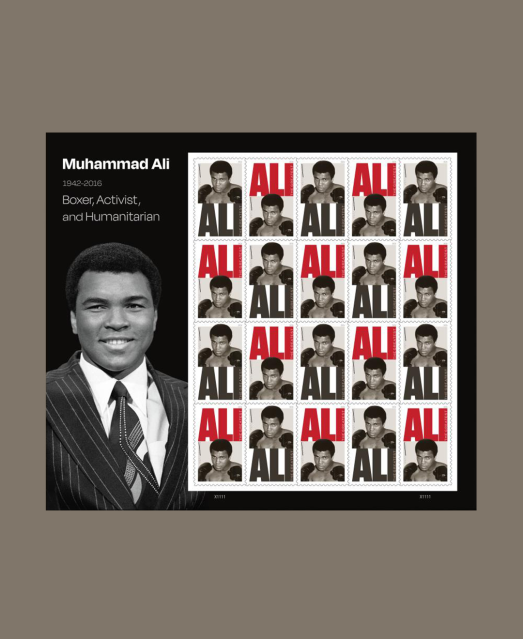 #USPS Honoring Muhammad Ali on a postage stamp, Art director Antonio Alcalá chose a black-and-white photo with direct eye contact and a powerful stance. Learn more about this incredible stamp b.link/n013qh6g #USPSEmployee