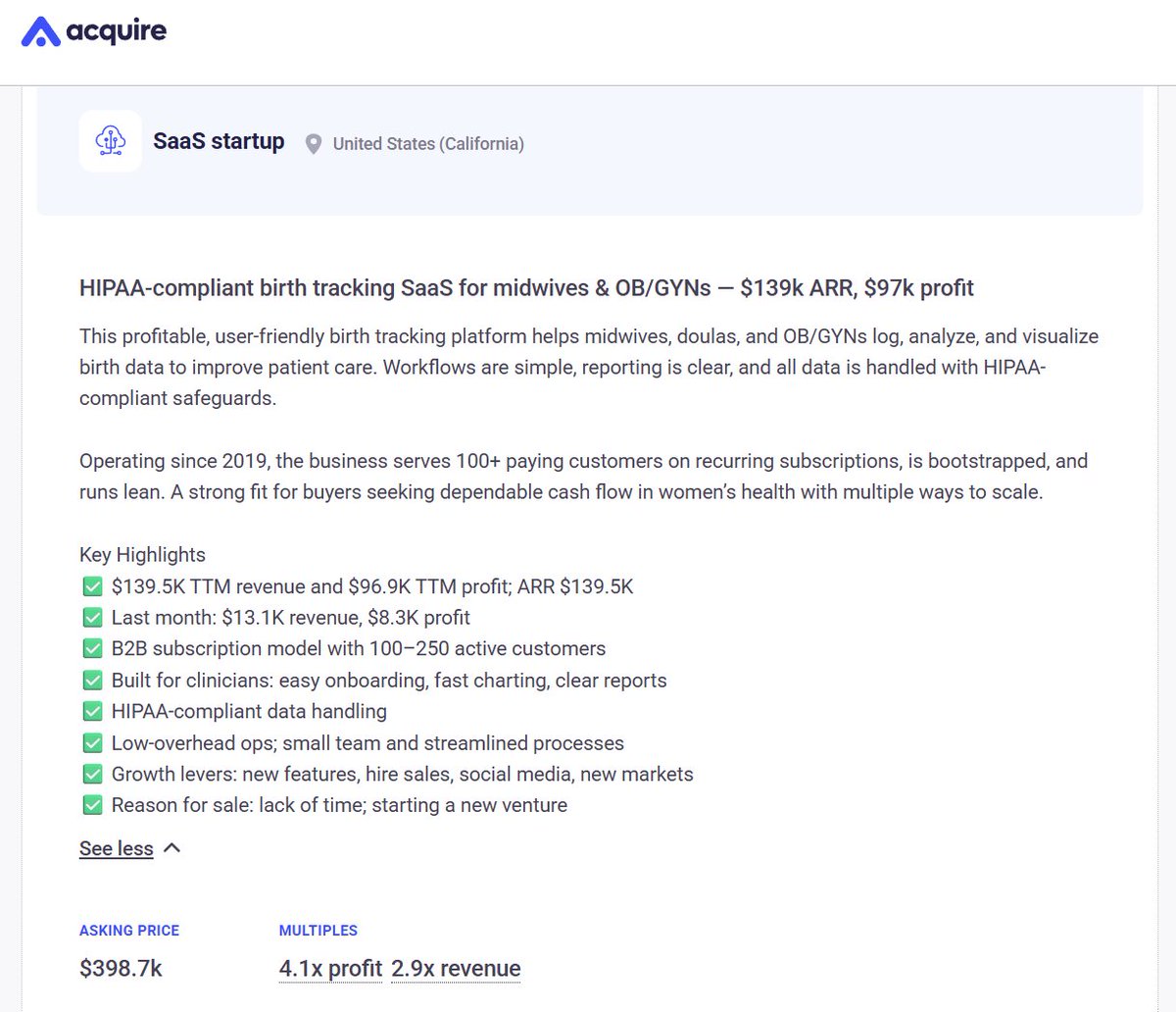 agazdecki's tweet image. $97K profit from birth tracking SaaS!

Live on @acquiredotcom: HIPAA-compliant platform helping midwives and OB/GYNs track, analyze, and report birth data.

&amp;gt; $139K ARR
&amp;gt; $140K TTM revenue
&amp;gt; $97K TTM profit
&amp;gt; 200+ customers

Full listing: app.acquire.com/startup/RTfV2n…