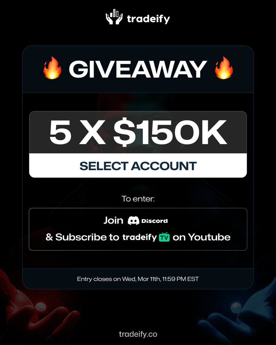Tradeify's tweet photo. 🔥 GIVEAWAY 🔥

$750,000 in trading capital.

We’re giving away 5 × $150K Select Accounts to the Tradeify community.

Enter in 2 steps:
•⁠  ⁠Join our Discord
•⁠  ⁠Subscribe to TradeifyTV

Entries close March 11th, 11:59 PM EST.
Winners announced in Discord.

Enter now 👇
https://t.co/dM80nyzTnU