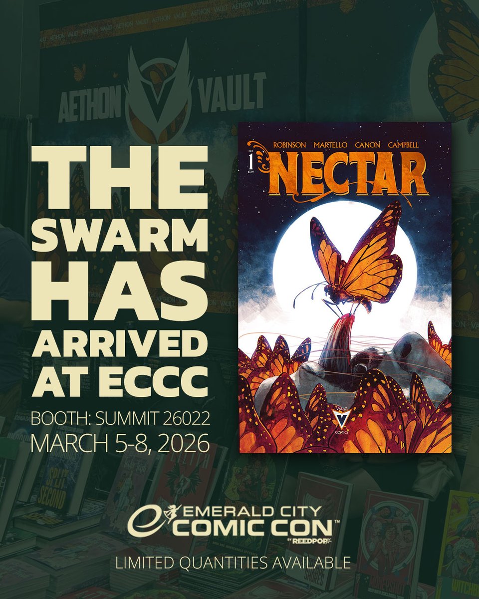 thevaultcomics's tweet photo. Missed the NECTAR #1 craze?

This breakout horror series follows a Salem island village overrun by butterflies spreading a deadly plague. 🦋

We’ve got variant covers at Emerald City Comic Con.
Stop by Booth SUMMIT 26022 and grab yours while you still can! https://t.co/N4PiV8rNhR