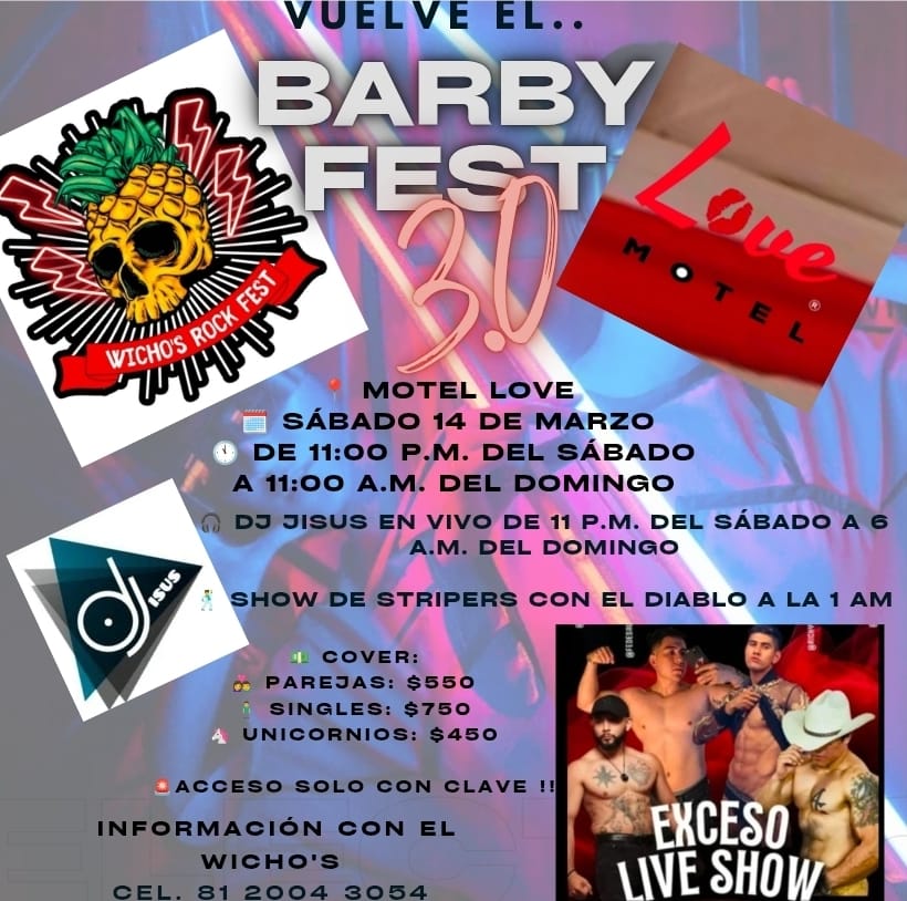 lizhot51666201's tweet photo. 🚨🚨🚨🚨🚨 Este 14 de Marzo, sera el Barby Fest 3.0 en el Motel Love ; ya solo hay 5 lugares disponibles ; si están interesados en ir manden Md, ☎️ Más información https://t.co/BsNRH3piAD(pareja, singles o unicornios) que quieran asistir @CHIKITA_KD @MotelLoveMty @BarbyRodopareja https://t.co/Z5HUjQqac6