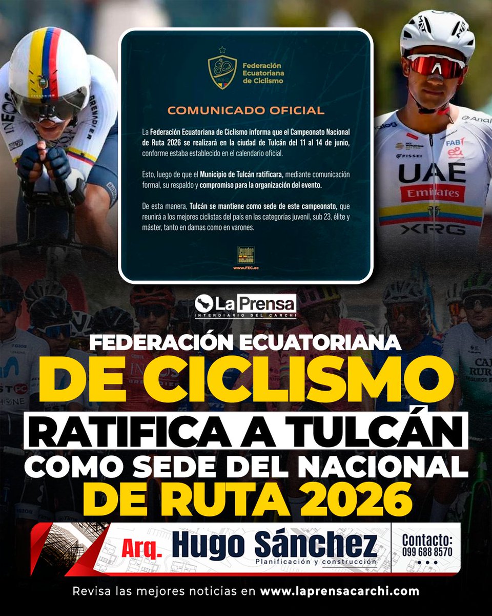 laprensa04's tweet photo. #Ciclismo | 🚴‍♂️ Tulcán será sede del Campeonato Nacional de Ruta 2026.
La FEC confirmó que el evento se realizará del 11 al 14 de junio y reunirá a los mejores ciclistas del país en las categorías juvenil, sub-23, élite y máster, en damas y varones. 
https://t.co/CiFWKEAJeg https://t.co/4QD0yGP5Kh