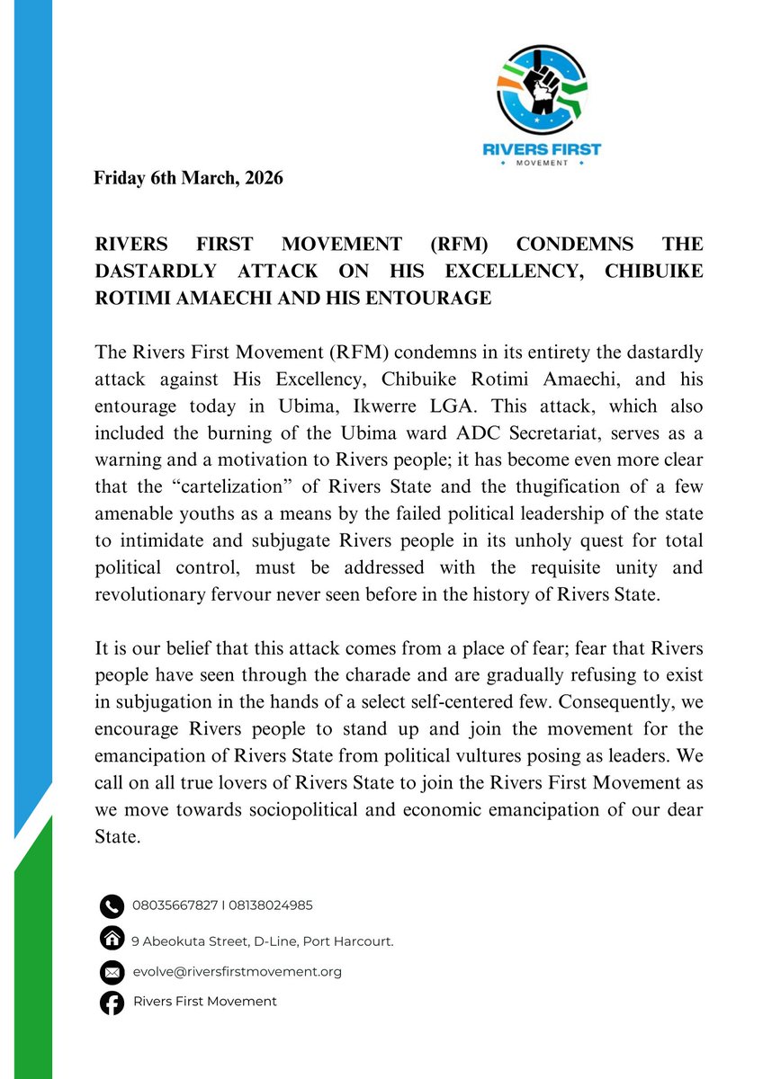 Rivers_First's tweet photo. RIVERS FIRST MOVEMENT (RFM) CONDEMNS THE DASTARDLY ATTACK ON HIS EXCELLENCY, CHIBUIKE ROTIMI AMAECHI AND HIS ENTOURAGE 

FRIDAY 6TH MARCH, 2026 https://t.co/tR995L7KCF
