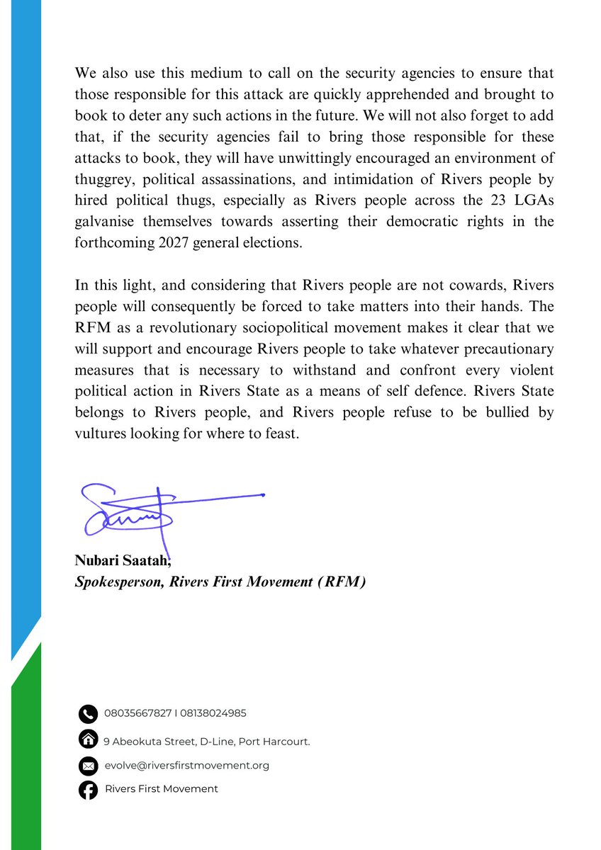 Rivers_First's tweet photo. RIVERS FIRST MOVEMENT (RFM) CONDEMNS THE DASTARDLY ATTACK ON HIS EXCELLENCY, CHIBUIKE ROTIMI AMAECHI AND HIS ENTOURAGE 

FRIDAY 6TH MARCH, 2026 https://t.co/tR995L7KCF
