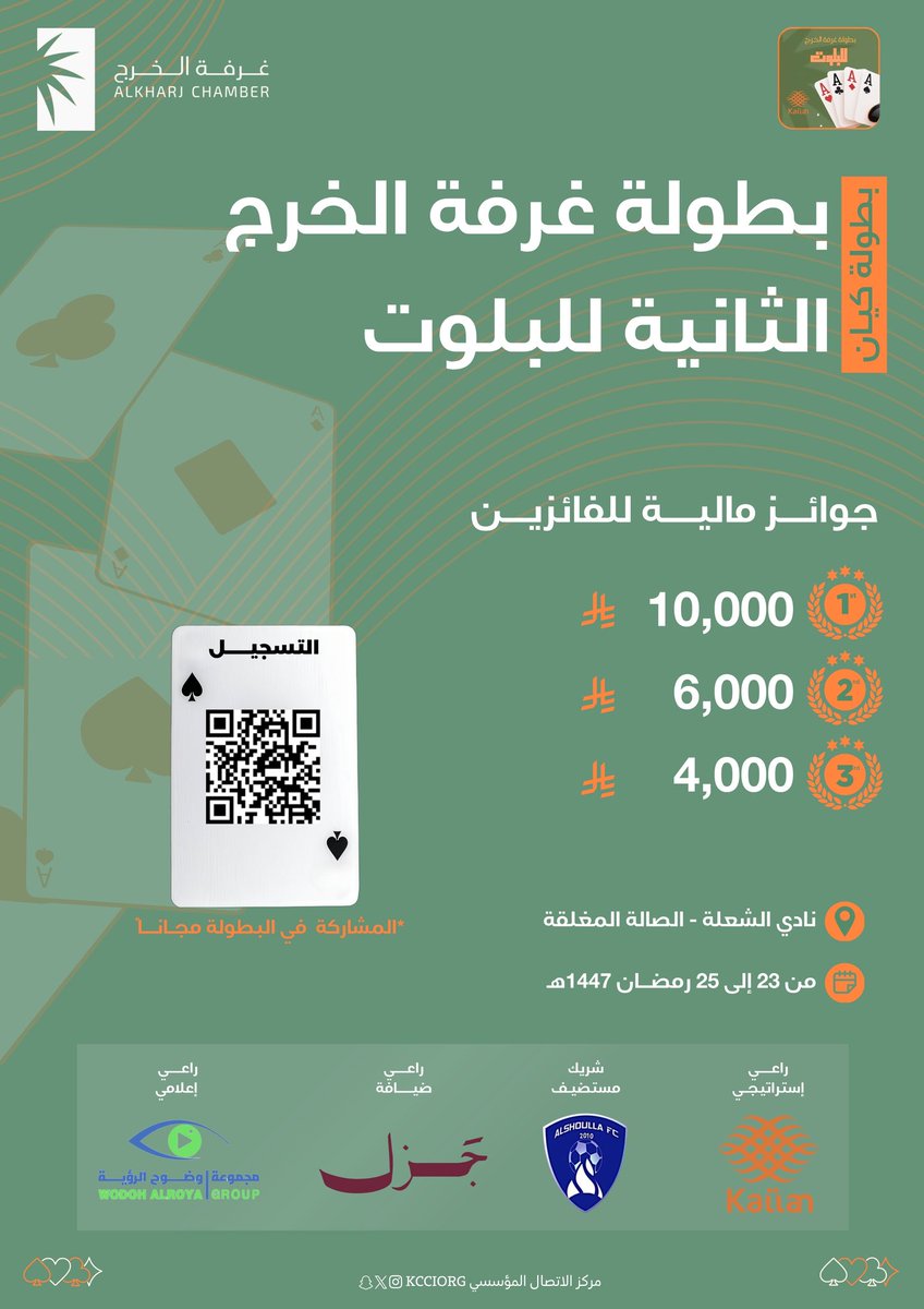 بطولة #غرفة_الخرج الثانية للبلوت "بطولة كيان"  بالشراكة مع نادي الشعلة

 📝للتسجيل:- 
docs.google.com/forms/u/1/d/e/…

📆 23-25 رمضان 1447هـ
📍الصالة المغلقة بنادي الشعلة الرياضي 

رعاتنا :- 
- راعي استراتيجي 
كيان <a href="/Kaiian_KSA/">كيان السعودية</a> 

- شريك مستضيف 
نادي الشعلة الرياضي<a href="/alshullaclub/">نادي الشعلة السعودي</a>

- راعي