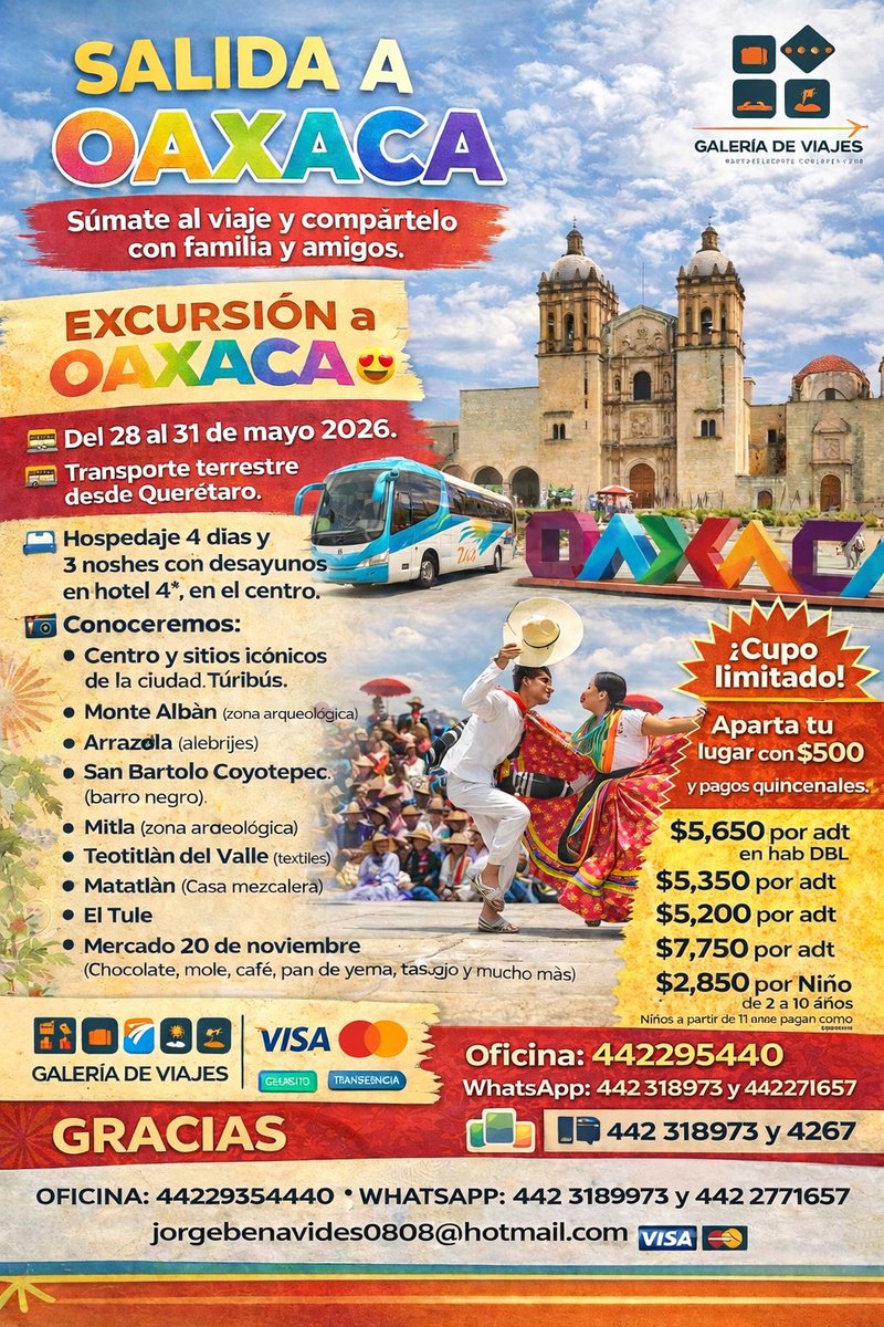 VIAJESQRO's tweet photo. Galería de Viajes Querétaro
Ofc 442 2959440
WhatsApp 442 3189973 y 4422731657
jorgebenavides0808@hotmail.com https://t.co/LTZyKdUkXF