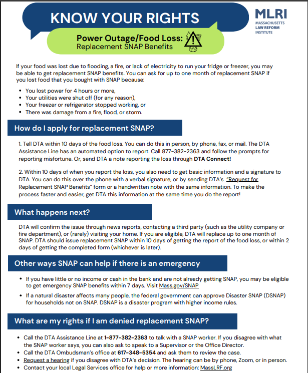 If you've lost food you bought with SNAP during the recent snowstorm, you can still request replacement SNAP benefits. You have 10 days after the food loss to report it.

Learn more: masslegalhelp.org/public-benefit…

Article by <a href="/MassLawReform/">Massachusetts Law Reform Institute</a>