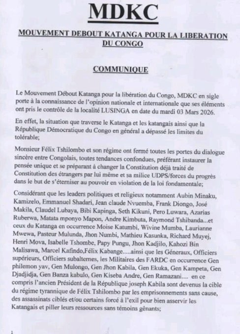 Africa_Univers1's tweet photo. #DRC: The armed group #MDKC (Mouvement Debout Katanga for the Liberation of the Congo) claims it seized control of #Lusinga in #Mitwaba territory on March 3.
Authorities report a fragile calm as #FARDC forces conduct operations in the area.

#Katanga #Security #EasternDRC #ICCN https://t.co/N9BwaOgmnK