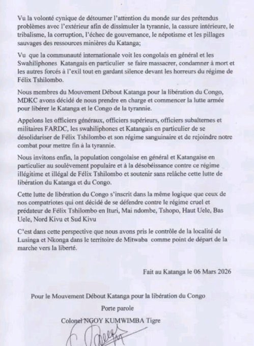 Africa_Univers1's tweet photo. #DRC: The armed group #MDKC (Mouvement Debout Katanga for the Liberation of the Congo) claims it seized control of #Lusinga in #Mitwaba territory on March 3.
Authorities report a fragile calm as #FARDC forces conduct operations in the area.

#Katanga #Security #EasternDRC #ICCN https://t.co/N9BwaOgmnK