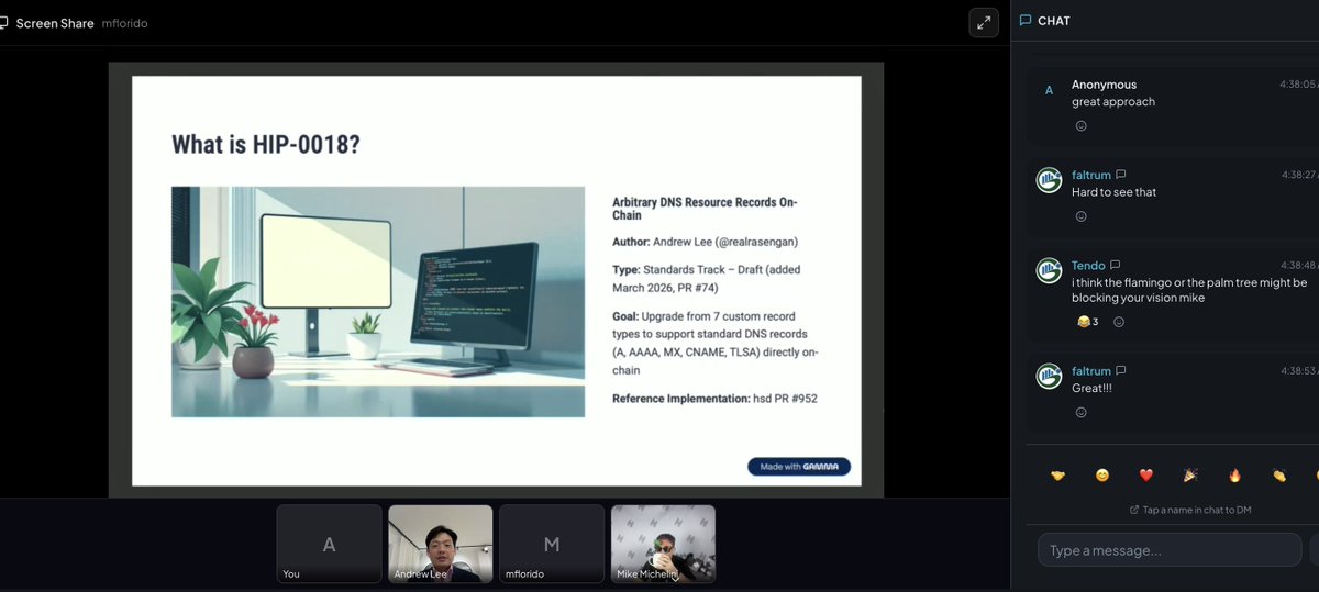 handshakecon's tweet image. Andrew Lee + @michelini presenting HIP 18 &amp;amp; HIP 20 🤝🤍

Deep dive into the Handshake Improvement Proposals driving protocol evolution.

Live now: icebreakers.balloongrid.com/engage/handyco…

#HandyConWhite #HNS $Hhns #web3 #blockchain