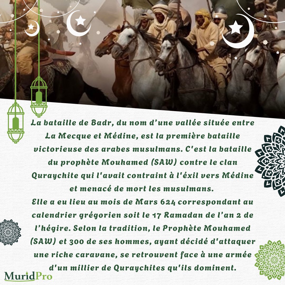 muridpro's tweet photo. Appelé le jour du discernement (Yaum al-Furqan), la bataille de Badr a lieu le 17 Ramadan de l’an 2 de l’hégire. 
——
AppStore:
https://t.co/67JJe1dvZy
PlayStore:
https://t.co/N6wLGy5knD
——
#islam #coran #RamadanKareem #muridpro #pourtoi https://t.co/43PExBLS2i