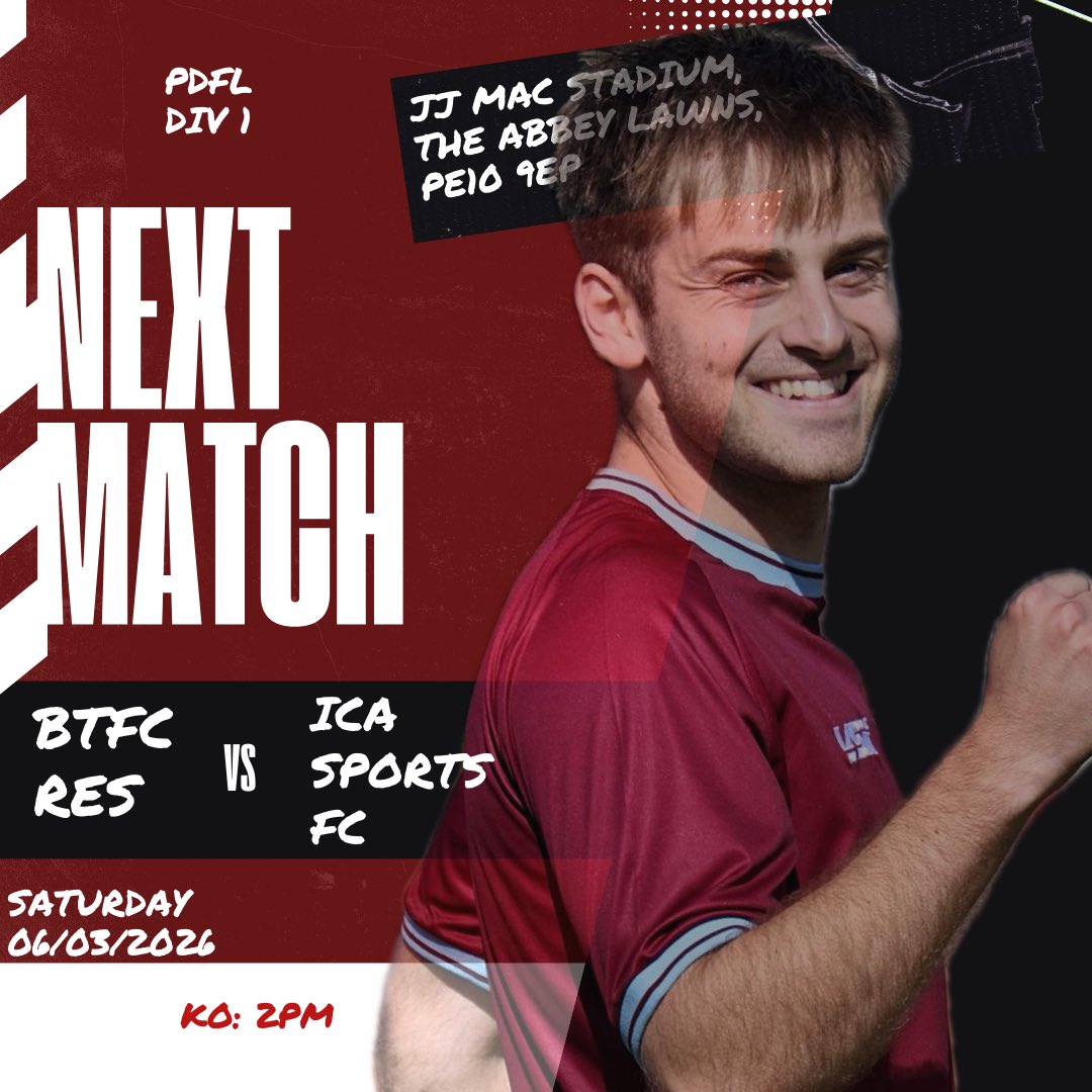BTFCreserves's tweet photo. MATCH DAY ⚽️🔥

It’s PDFL Div 1 action at home as Bourne Town FC Reserves welcome ICA Sports FC to the JJ Mac Stadium.

🗓 Saturday 06/03/2026
⏰ KO 2PM
📍 JJ Mac Stadium, The Abbey Lawns, PE10 9EP

#BourneTownFCReserves #MatchDay #UpTheWakes #GrassrootsFootball #PDFLDiv1 https://t.co/aAk6MPADmd
