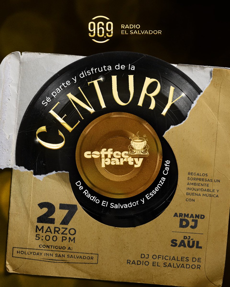 El café y la música se unen para celebrar juntos.☕🎶

Este 27 de marzo llega la Century Coffee Party de Radio El Salvador junto a Essenza Café, con el ritmo de Armand DJ y <a href="/DjSaulMorales/">Dj SaulMorales</a>, DJ oficiales de la Estación del Centenario .🎧📻

¡Sigamos celebrando 100 años al aire!