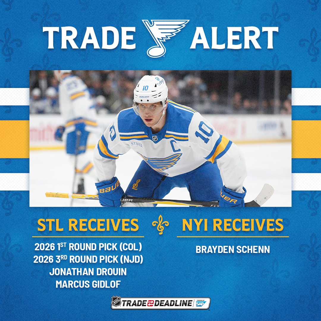 StLouisBlues's tweet photo. TRADE ALERT | We’ve acquired 2026 1st and 3rd round picks, Jonathan Drouin, and Marcus Gidlof from the Islanders in exchange for Brayden Schenn. #stlblues