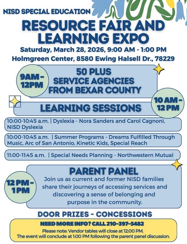 NISDSpecialEd's tweet photo. Families are invited to the Northside Special Education Resource Fair &amp; Learning Expo!

📅 Saturday, March 28
⏰ 9 a.m.
📍 Holmgreen Center

Connect with 50+ service agencies from Bexar County, attend learning sessions, hear from a parent panel, and even win door prizes. https://t.co/iotIGtzG5s