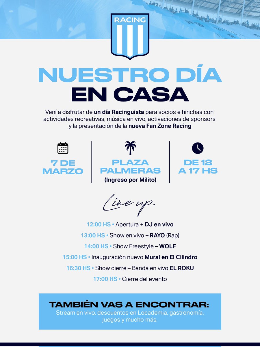 RacingManiacos's tweet image. FESTEJÁ EL DÍA DEL HINCHA DE #RACING EN EL #CILINDRO 🥳

👉 El ingreso será para socios/as con carnet e hinchas con DNI. Se suspende por lluvia.

📷 @RacingClub.