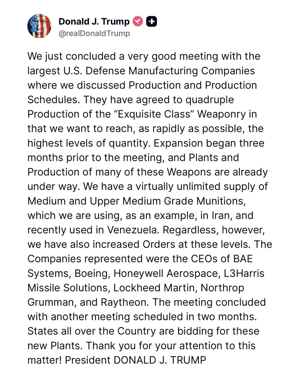 EricLDaugh's tweet image. 🚨 JUST IN: President Trump has successfully gotten US defense companies to QUADRUPLE production of "'Exquisite Class' Weaponry in that we want to reach, as rapidly as possible, the highest levels of quantity"

Trump says we have virtually UNLIMIATED supplies of other munitions