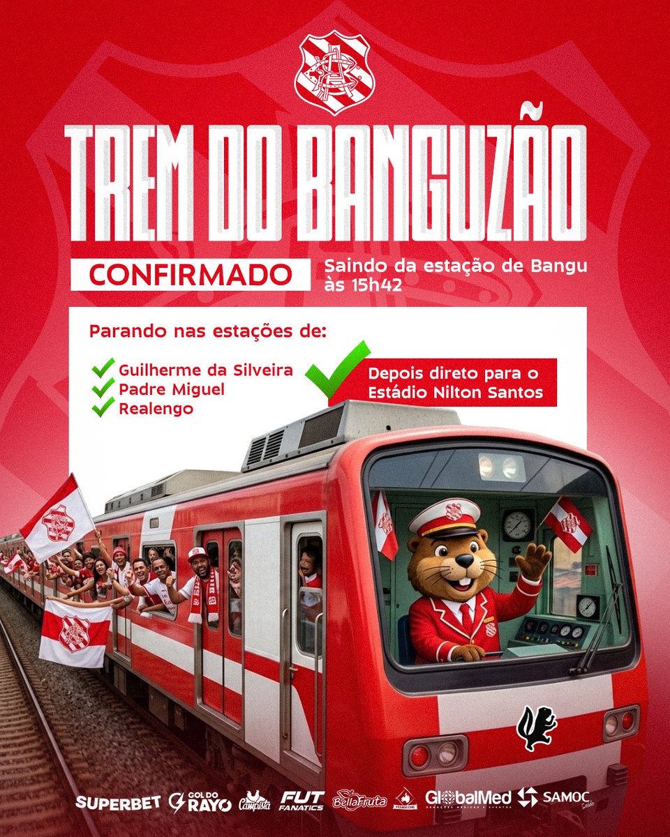 Banguoficial's tweet photo. 🚃 O EXPRESSO ALVIRRUBRO VAI PARTIR!

Se tem decisão, tem trem direto para o jogo! E ele vai partir amanhã (7), às 15h42, da Estação Bangu, com paradas em Guilherme da Silveira, Padre Miguel e Realengo, seguindo direto para o Estádio Nilton Santos, para a final da Taça Rio! https://t.co/qiZFkAVLC8