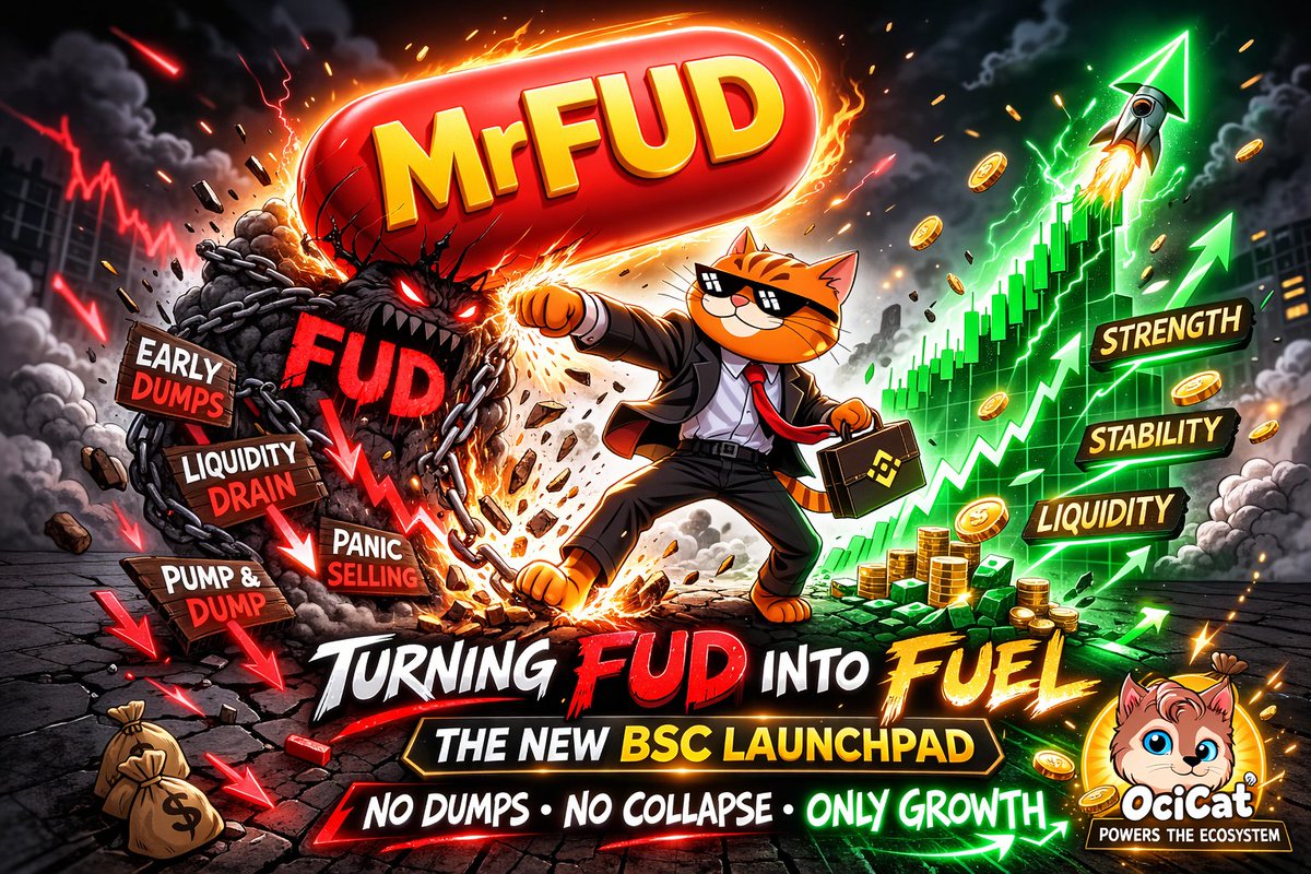 "MrFUD is LIVE 
Turn FUD into FUEL.
No rugs. No dumps. Just fair launches that last.
Bonding curve magic + anti-FUD armor on BSC.
Creators &amp; degens — this is the new meta.
#MrFUD #MemeLaunchpad"