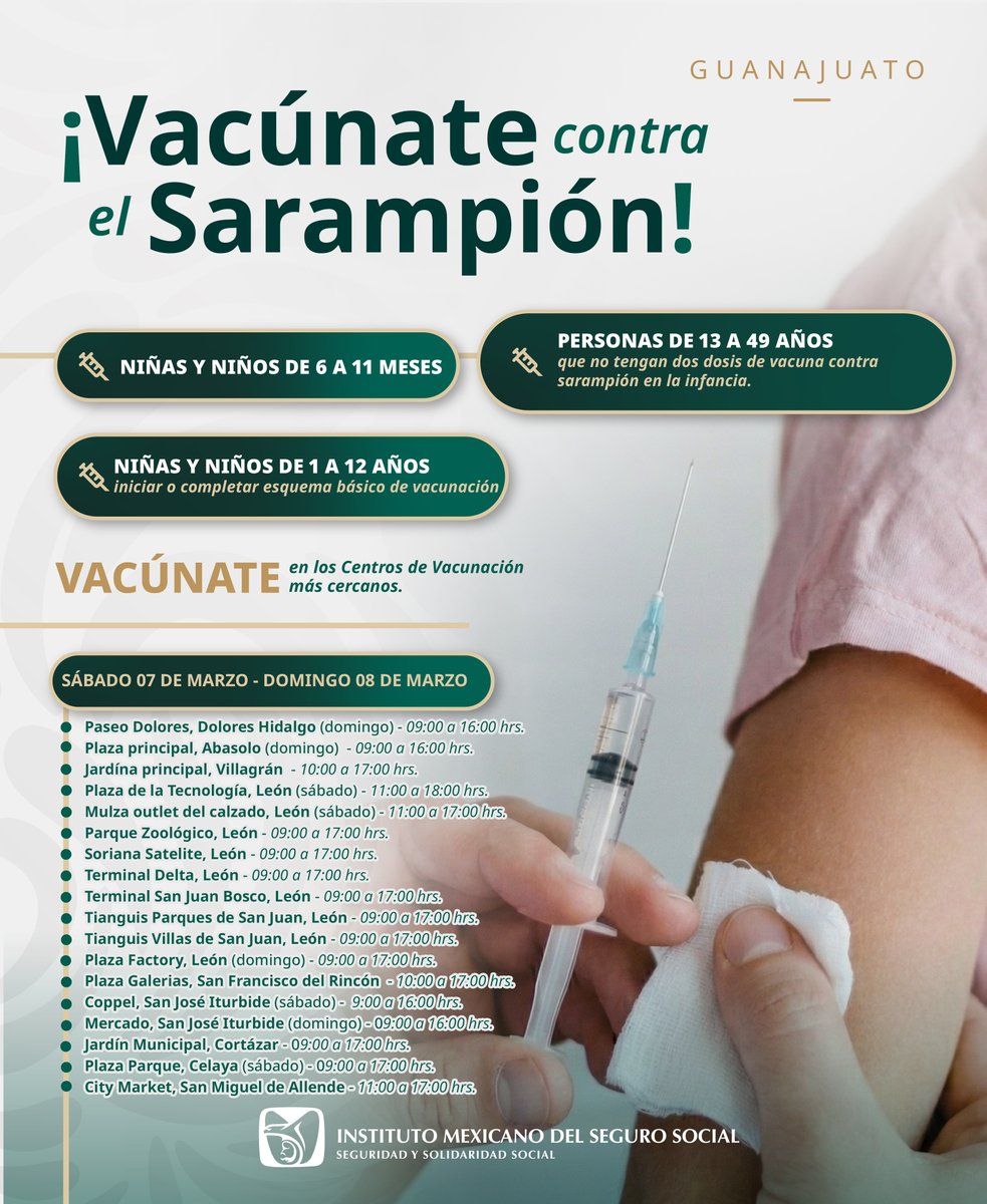 Tu_IMSSGto's tweet photo. Este fin de semana es tu oportunidad para protegerte.
Revisa los puntos de vacunación en el estado del #IMSSGuanajuato y completa tu esquema de vacunación. 
La prevención no puede esperar.
Vacunarte es cuidar tu #salud y la de quienes más quieres. https://t.co/nmNREKjQr1