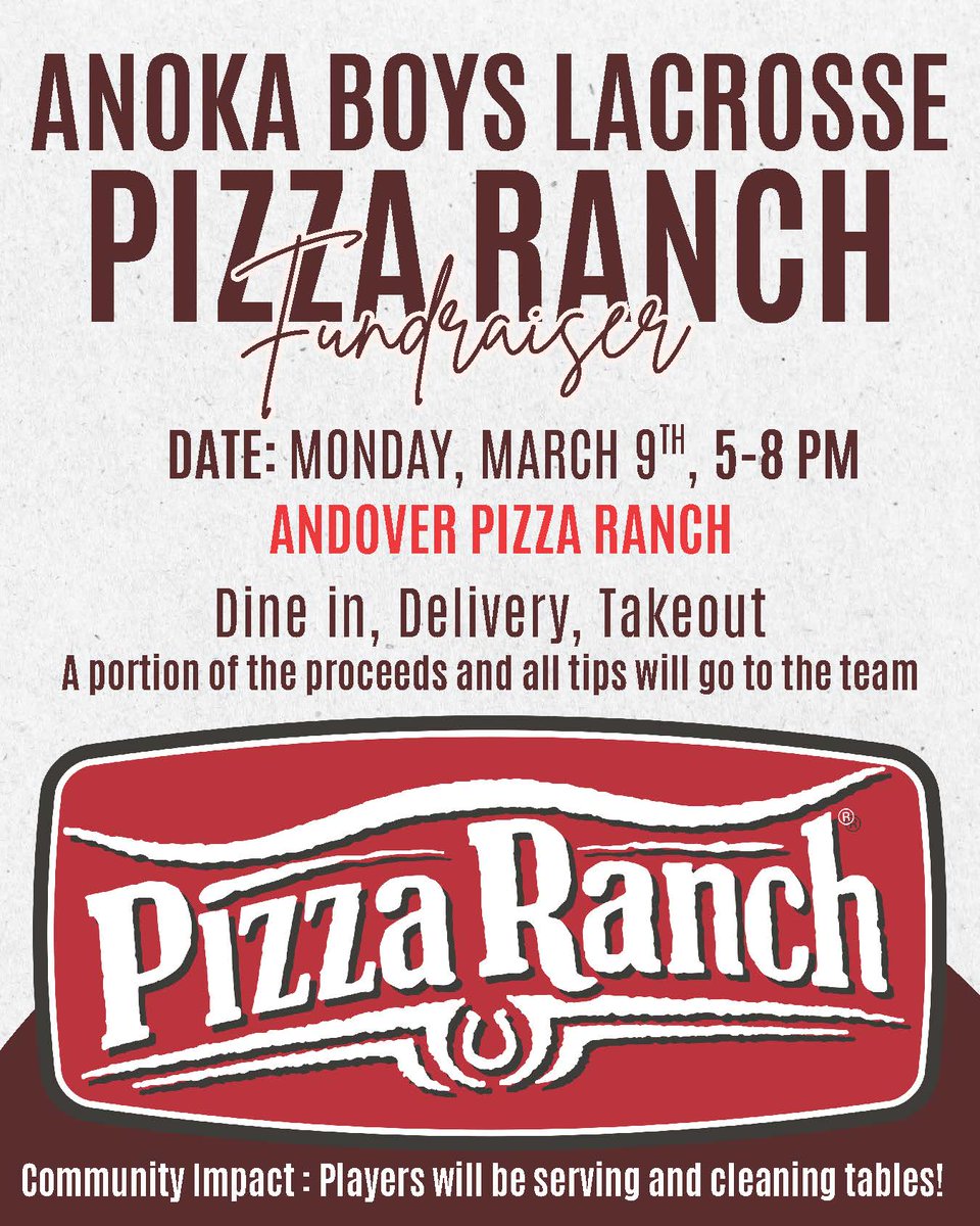 REMINDER! AHS Boys Lacrosse - Andover Pizza Ranch Fundraiser. Monday @ 5-8pm.