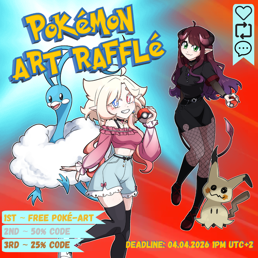 ✨POKEMON ART RAFFLE ❤️
Win a illustration of ur character in my pokemon style!

1st Winner:  Free Poke-Art
2nd Winner: 50% Code
3rd Winner: 25% Code

Like, Retweet and Follow to enter! ❤️
Comment ur OC (optional)

Ends on April 4th!