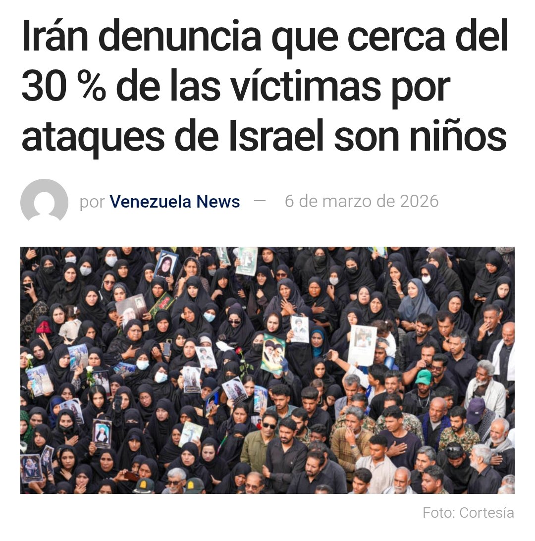 angel40924's tweet photo. La portavoz del Gobierno de Irán, Fatemeh Mohajerani, informó este viernes que cerca del 30 % de las víctimas mortales registradas hasta ahora tras los recientes ataques militares de Estados Unidos e Israel corresponden a niños.

Durante un informe oficial sobre los daños causados por los bombardeos, la vocera señaló que los ataques han impactado zonas civiles e infraestructura urbana, lo que ha provocado un elevado número de víctimas entre la población.

“Lamentablemente, alrededor del 30 % de nuestros muertos hasta la fecha han sido niños”, declaró Mohajerani al presentar el balance preliminar de las consecuencias de las ofensivas.
#Iran #UltimoMomento
