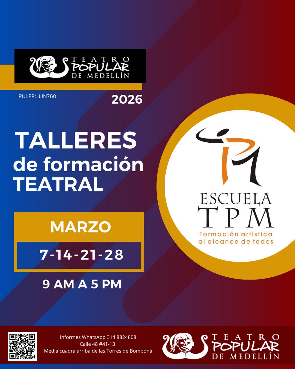 Talleres de formación teatral
En el área académica del Teatro Popular de Medellín, tenemos cursos para niños, jóvenes y adultos. Para mayor información puedes comunicarte con el WhatsApp +57 314 8824808

#teatro #quehayparahacerenmedellin 
<a href="/alcaldiademed/">Alcaldía de Medellín</a> <a href="/mincultura/">MinCultura Colombia</a>